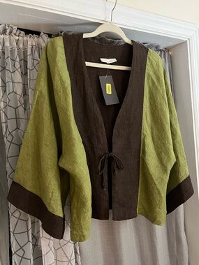 NWT Bryn Walker Colorblock Kimono Wrap Dolman Sleeve 100% Linen Brown Green Top